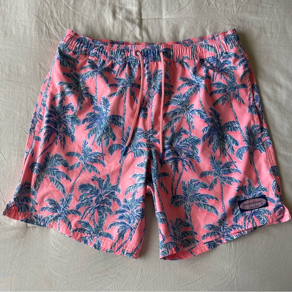 Vineyard Vines Other - Vineyard Vines Men's Small Pink and Blue Palm Tree Printed Swim Trunks